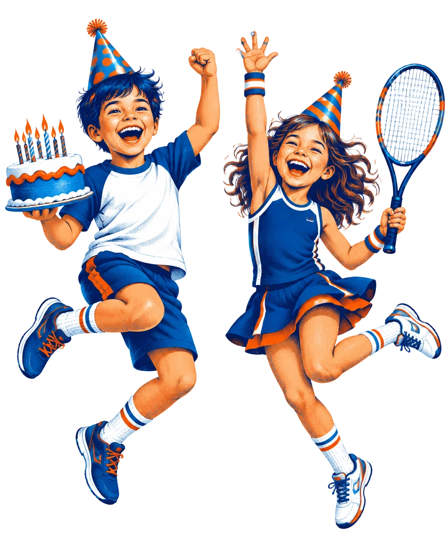Two illustrated kids in birthday party hats cheering with a cake and a tennis racket