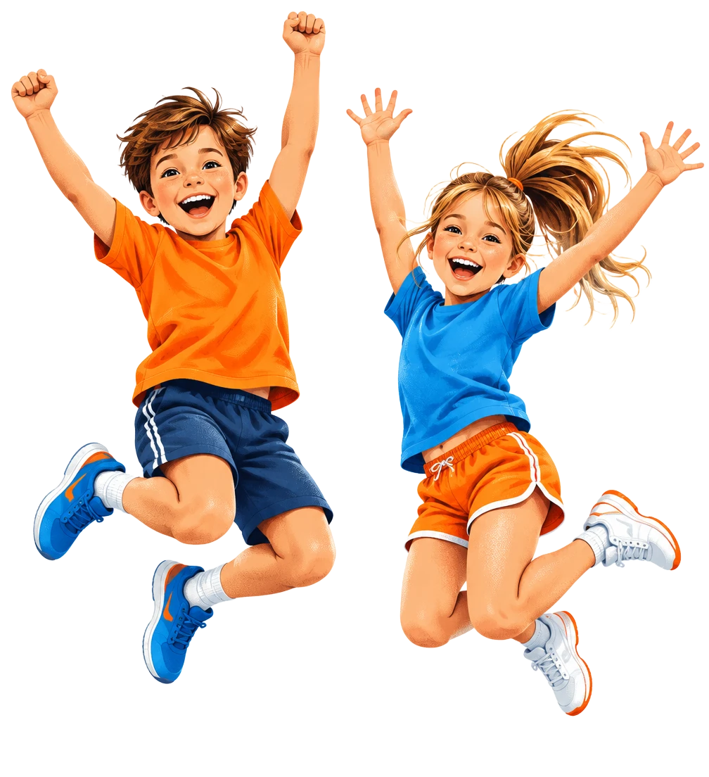 Two illustrated children jumping with excitement