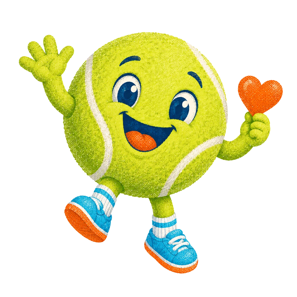 A cheerful tennis ball buddy waving hello and holding a little heart