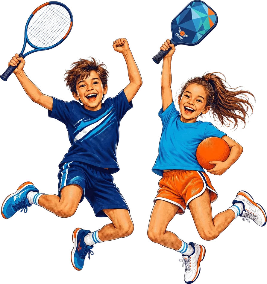 Two illustrated kids celebrating with a tennis racket, pickleball paddle and dodgeball